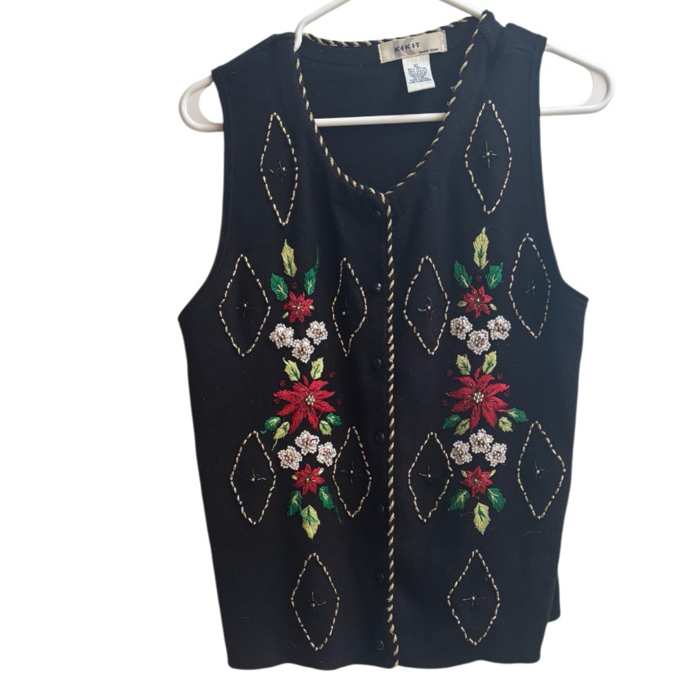 Kikit Knitwear Vest Women's Black Holiday Christmas Embelished Flower Sz XL